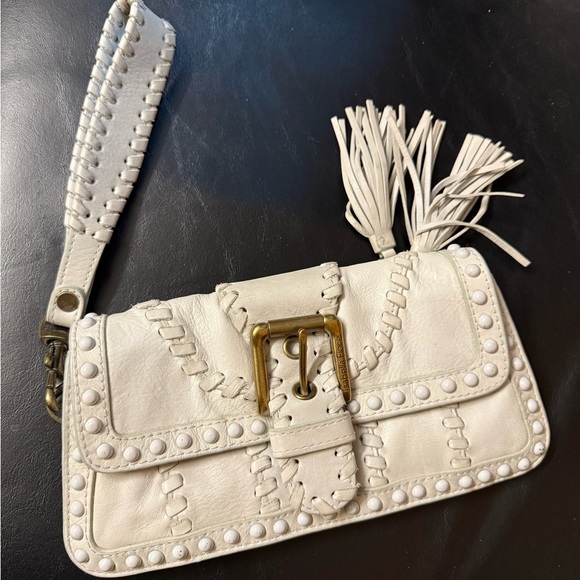 Isabella Fiore Handbags - Isabella Fiore Cream Leather Clutch/wristlet with Tassel, Buckle, and studs